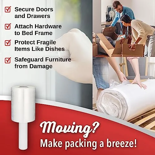 2 Pack Industrial Strength Mini Hand Stretch Wrap 5" 1000 Ft Roll 80 Gauge Thick, Shrink Wrap Roll for Moving Supplies, Furniture, Pallets, Plastic Wrap for Packing, Heavy Duty Stretch Film