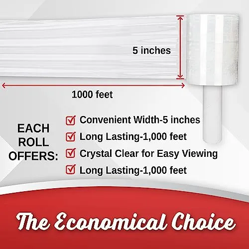 2 Pack Industrial Strength Mini Hand Stretch Wrap 5" 1000 Ft Roll 80 Gauge Thick, Shrink Wrap Roll for Moving Supplies, Furniture, Pallets, Plastic Wrap for Packing, Heavy Duty Stretch Film