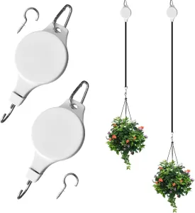 2 Pack Retractable Plant Pulley Adjustable Hanging Flower Basket Hooks for Hanging Plants Heavy Duty, Indoor Outdoor Plant Hanger for Garden Baskets Pots & Birds Feeder - White (2, Hook Type)