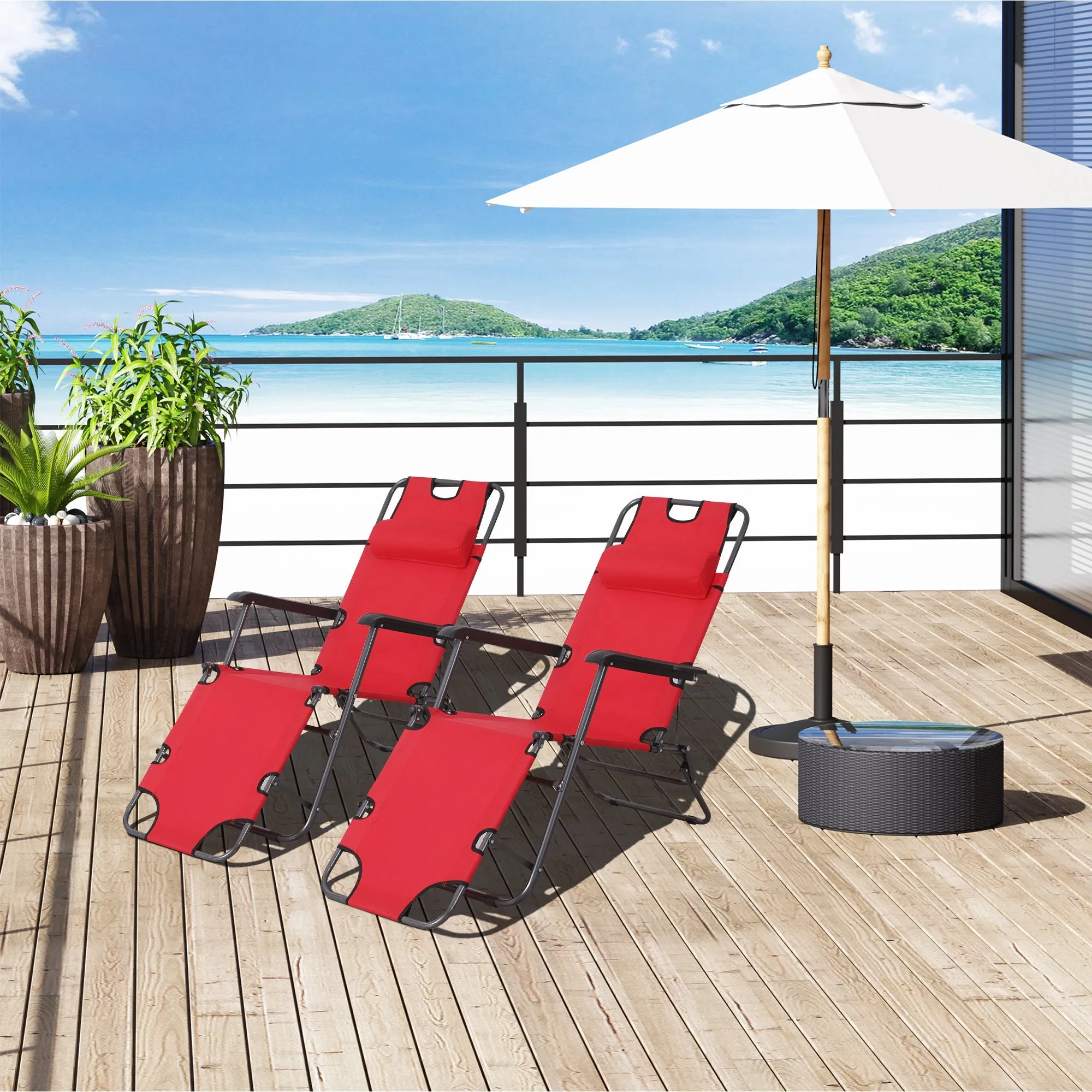 2-Piece Foldable Sun Loungers with Adjustable Back Outdoor Reclining Garden Chairs with Pillow and Armrests Red