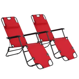2-Piece Foldable Sun Loungers with Adjustable Back Outdoor Reclining Garden Chairs with Pillow and Armrests Red