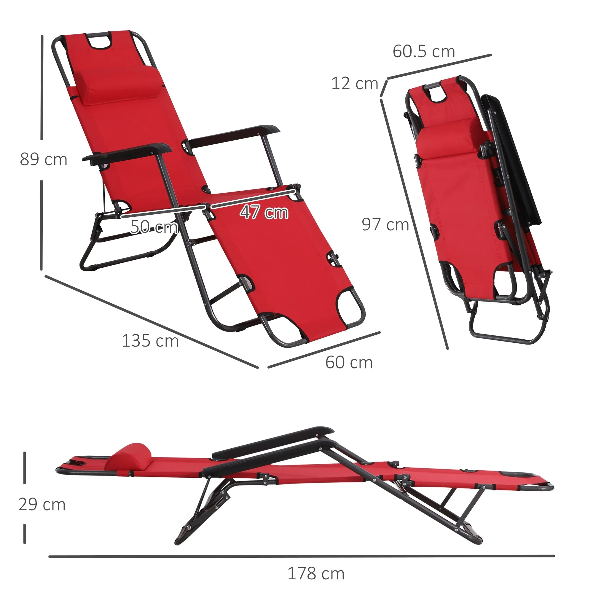 2-Piece Foldable Sun Loungers with Adjustable Back Outdoor Reclining Garden Chairs with Pillow and Armrests Red