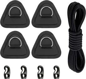 4 Pack Stainless Steel D-Ring Triangle Patch with 2.5m Black Bungee Cord,4Pcs Cord Hooks for PVC Inflatable Boat SUP Kayak Canoe Deck Accessories