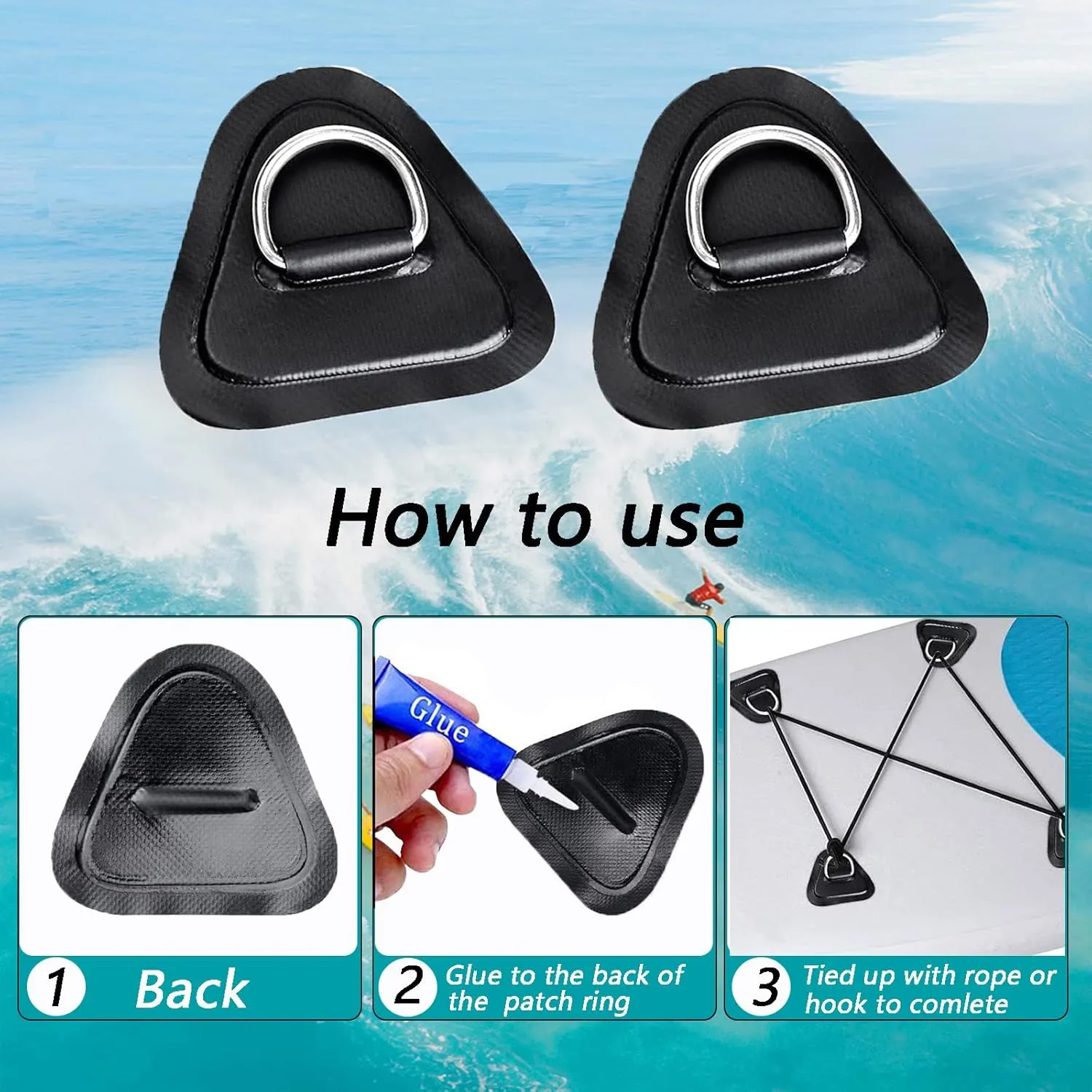 4 Pack Stainless Steel D-Ring Triangle Patch with 2.5m Black Bungee Cord,4Pcs Cord Hooks for PVC Inflatable Boat SUP Kayak Canoe Deck Accessories