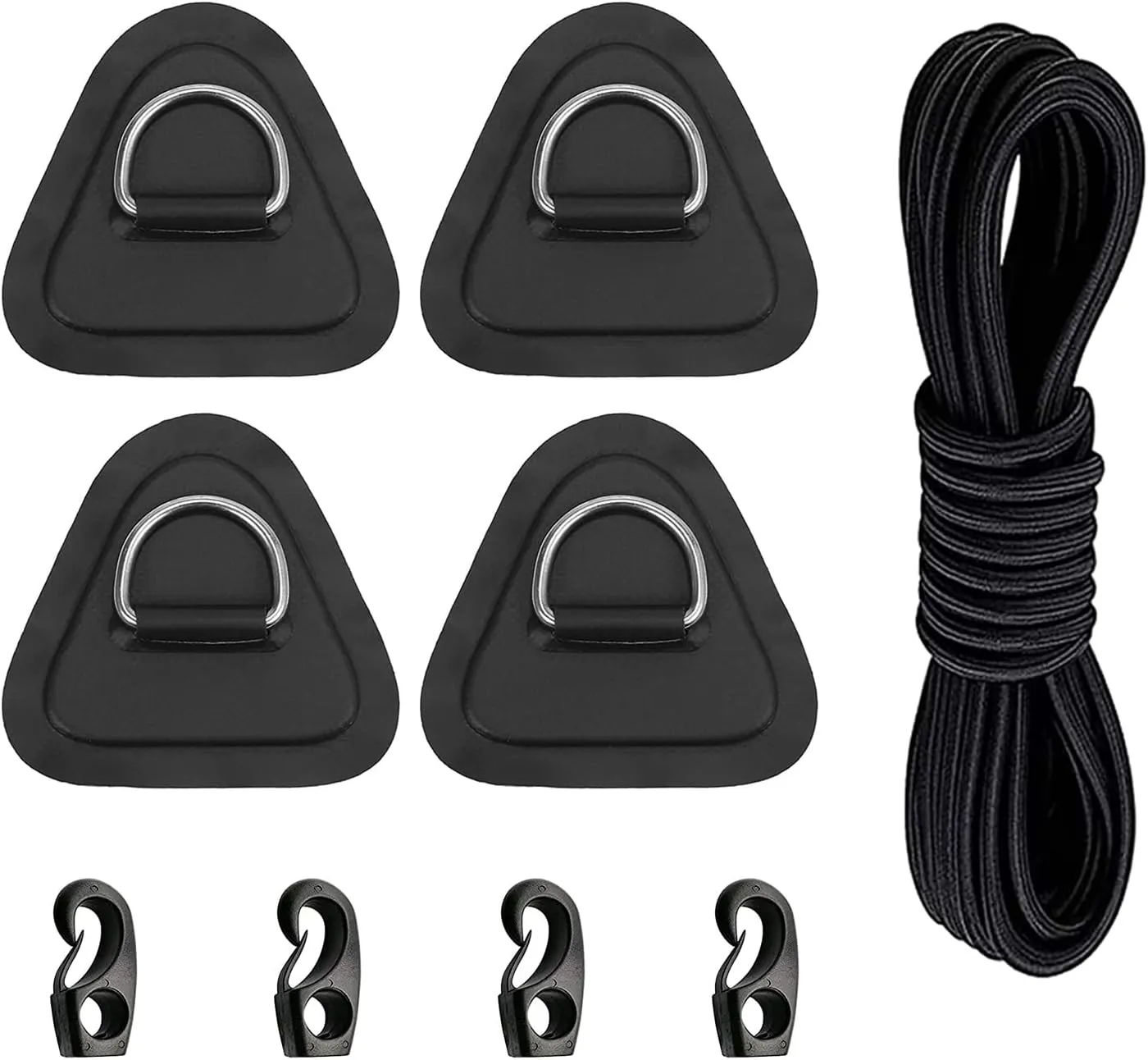 4 Pack Stainless Steel D-Ring Triangle Patch with 2.5m Black Bungee Cord,4Pcs Cord Hooks for PVC Inflatable Boat SUP Kayak Canoe Deck Accessories