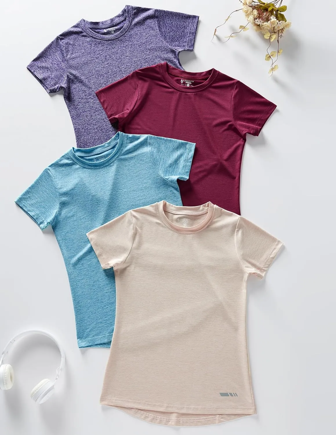 4 Pack: Youth Girls Athletic Shirts, Short Sleeve Dry Fit Apparel Tech Tshirts, Sports Activewear for Kids Teens