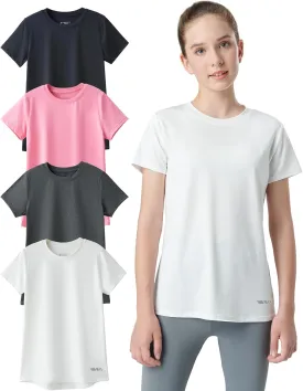 4 Pack: Youth Girls Athletic Shirts, Short Sleeve Dry Fit Apparel Tech Tshirts, Sports Activewear for Kids Teens
