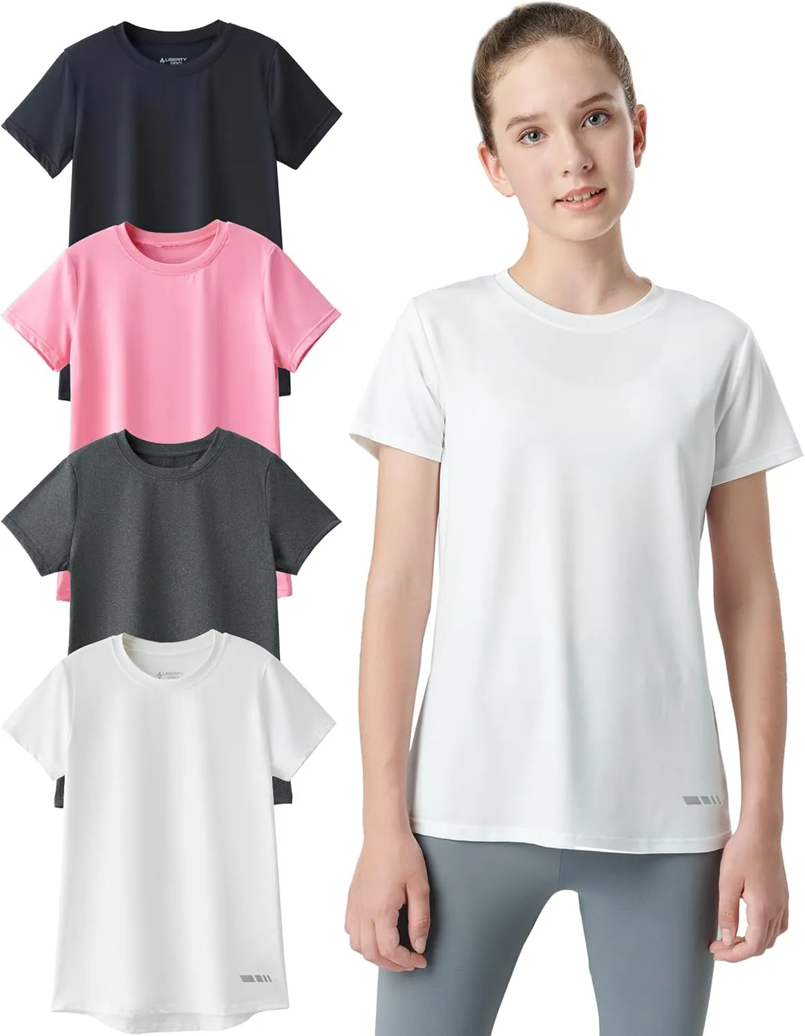 4 Pack: Youth Girls Athletic Shirts, Short Sleeve Dry Fit Apparel Tech Tshirts, Sports Activewear for Kids Teens