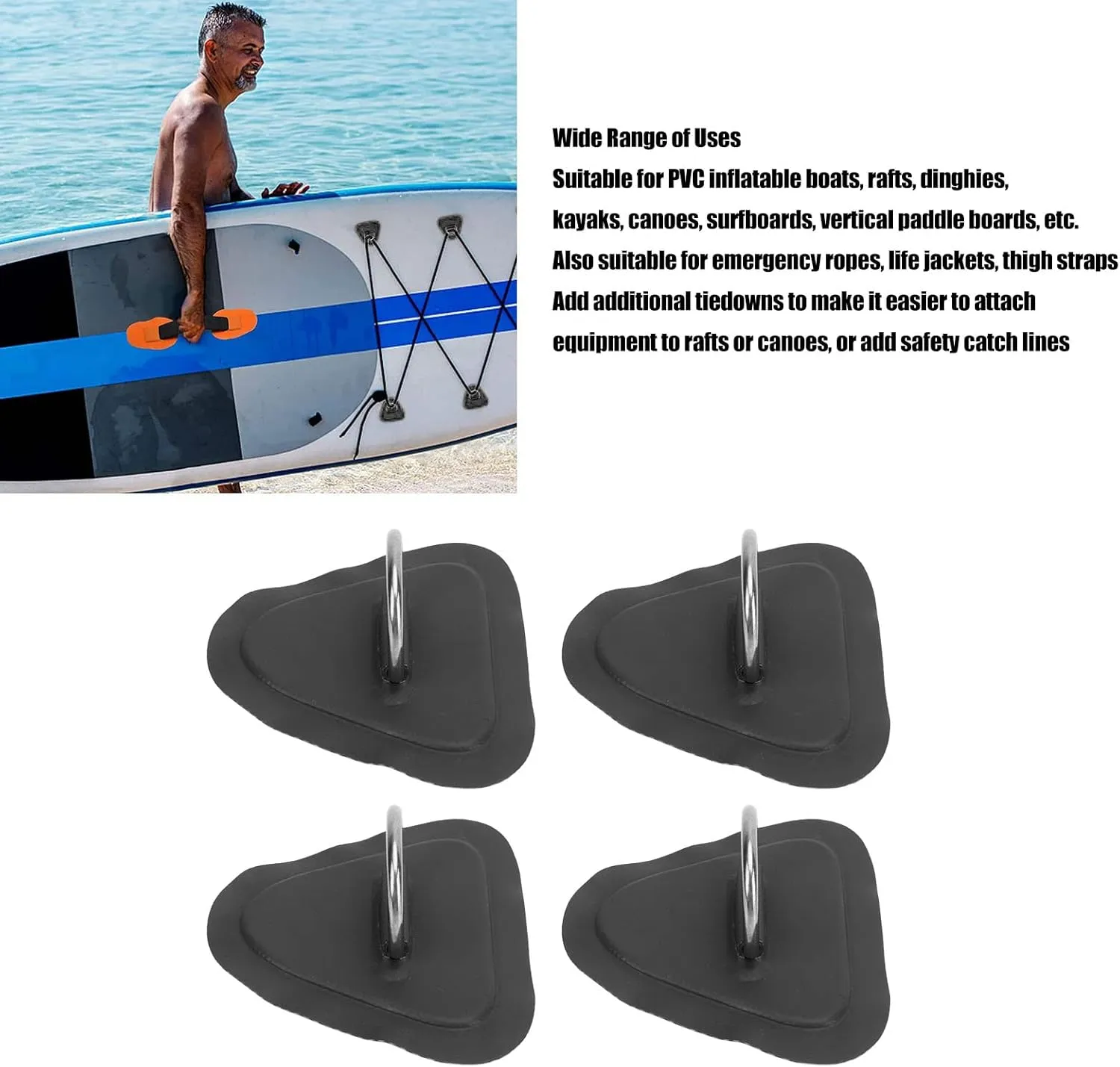 4 Pcs Inflatable Boat D Rings Patch, Surfboard D Rings Patch, Stainless Steel D Rings Pad for Inflatable Boats, Rafts, Vertical Paddle Boards, Etc