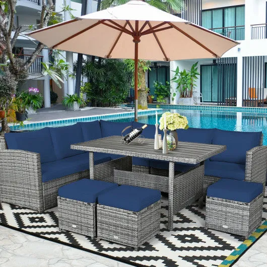 7 Pieces Patio Rattan Dining Furniture Sectional Sofa Set with Wicker Ottoman-Navy