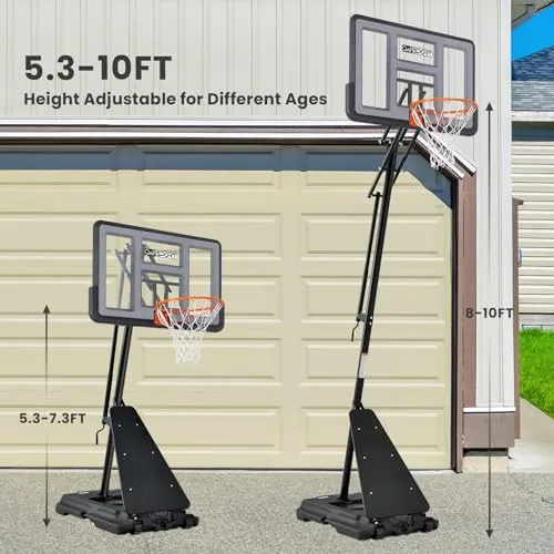 AWII SPORT Basketball Hoop Outdoor, 5.3-10FT Height Adjustable Basketball Hoop Goal System with 44Inch Impact Backboard and Portable Wheels for Adults
