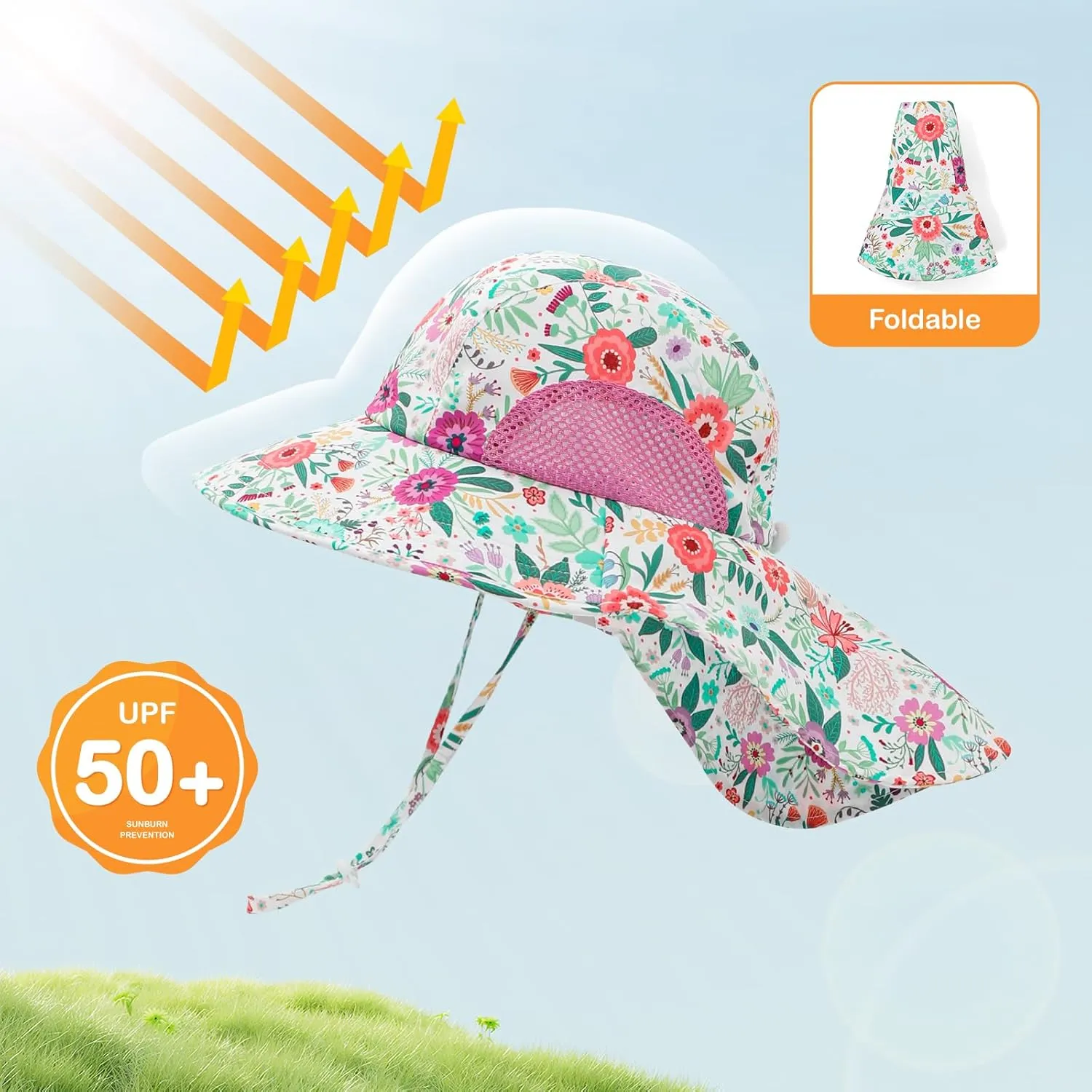 Baby Sun Hat UPF 50  Mesh Liner Toddler Bucket Hats with Wide Brim Neck Flap for Outdoor Beach Swim