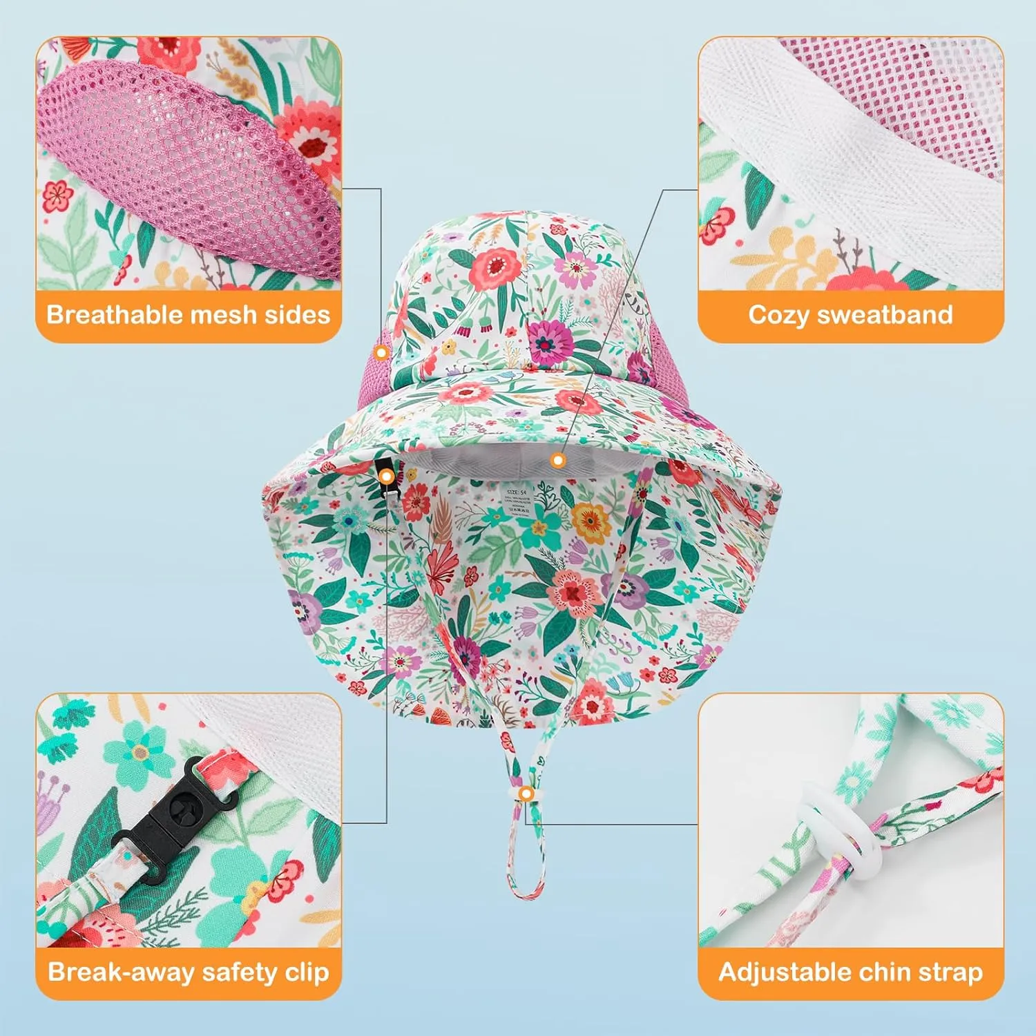 Baby Sun Hat UPF 50  Mesh Liner Toddler Bucket Hats with Wide Brim Neck Flap for Outdoor Beach Swim