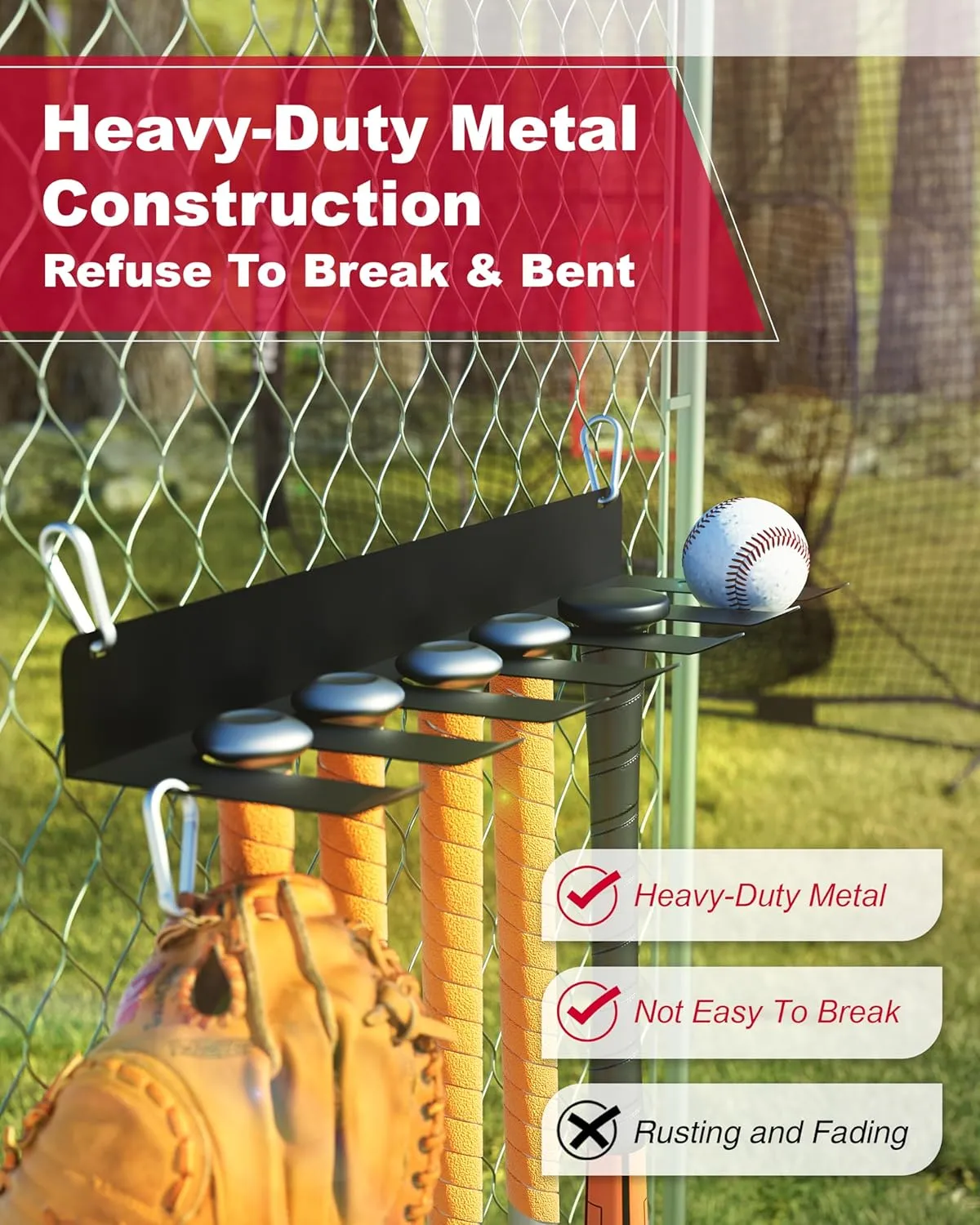 Baseball Bat Rack Display for Storage Holder Hanging Organizer Bat Rack Holder X2 for 10 Bats or Baseball Wall Mount Fence Hanger, Metal Heavy Duty(Pack of 2