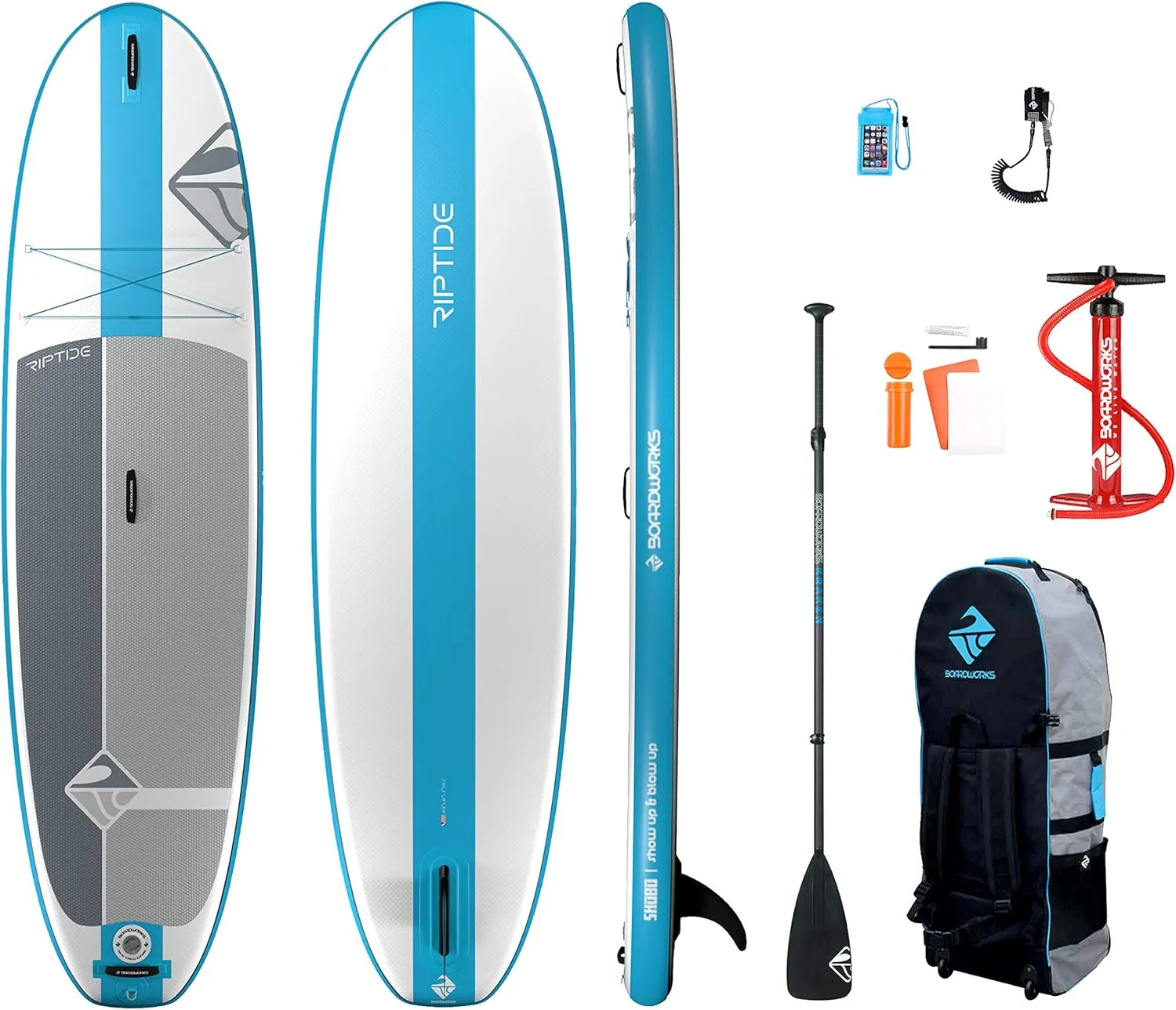 Boardworks SHUBU Riptide Inflatable Stand-Up Paddle Board (iSUP) | SUP Package Includes Three Piece Paddle, Carry Bag and Pump (SUP) Complete Kit | 106, Blue/White/Grey