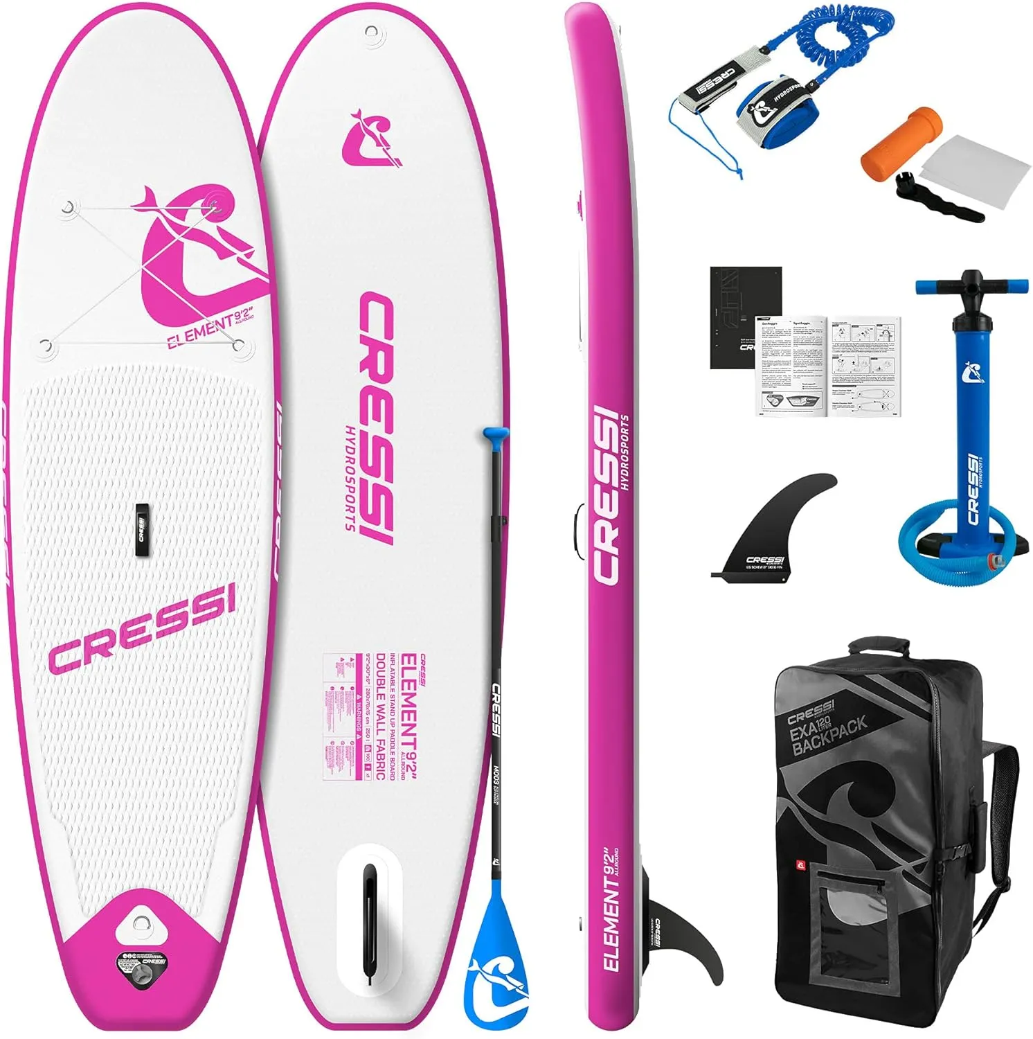 Cressi Inflatable Stand Up Paddle Board Set - Pump, Paddle, Backpack, included - Double Wall Construction - Different Sizes - Up to 264 lb Load - Element: Designed in Italy by Cressi