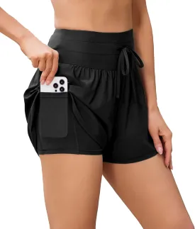 difficort Womens Board Shorts with Compression Liner High Waisted Swim Beach Swimming Shorts with Waist Zipper Pockets