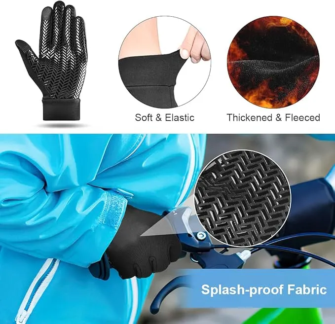 EEFOW Winter Thermal Outdoor Kids Gloves - Non-slip Touchscreen Running Gloves Sport Windproof Warm Black Riding Gloves for Boys Girls 4-12 years old