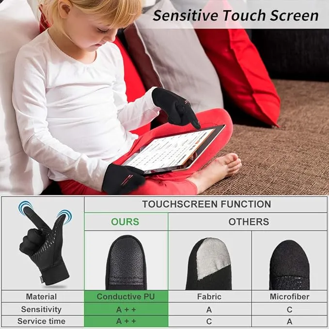 EEFOW Winter Thermal Outdoor Kids Gloves - Non-slip Touchscreen Running Gloves Sport Windproof Warm Black Riding Gloves for Boys Girls 4-12 years old