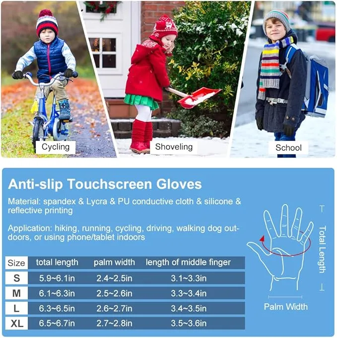 EEFOW Winter Thermal Outdoor Kids Gloves - Non-slip Touchscreen Running Gloves Sport Windproof Warm Black Riding Gloves for Boys Girls 4-12 years old