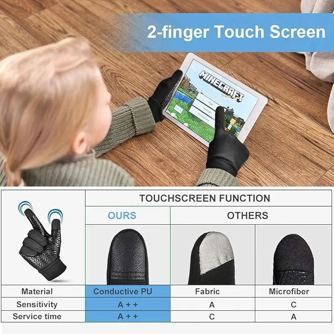 EEFOW Winter Thermal Outdoor Kids Gloves - Non-slip Touchscreen Running Gloves Sport Windproof Warm Black Riding Gloves for Boys Girls 4-12 years old
