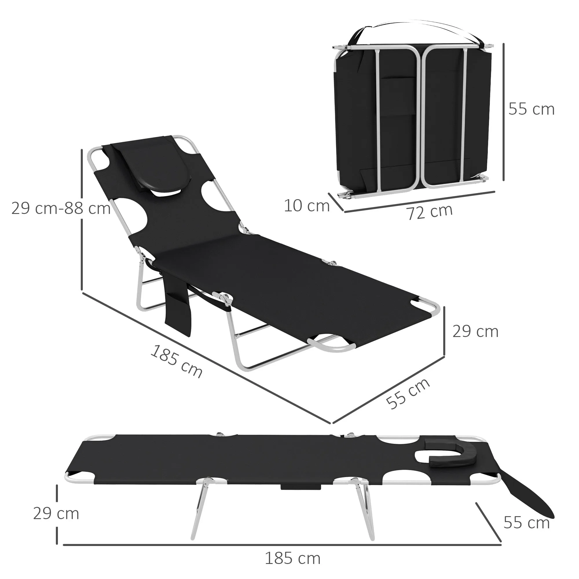 Foldable Sun Lounger Set of 2 Beach Chaise Lounges with Reading Hole Arm Slots 5-Position Adjustable Backrest Side Pocket Pillow for Patio Garden Beach Pool Black