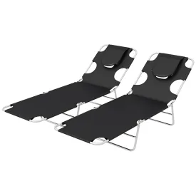 Foldable Sun Lounger Set of 2 Beach Chaise Lounges with Reading Hole Arm Slots 5-Position Adjustable Backrest Side Pocket Pillow for Patio Garden Beach Pool Black