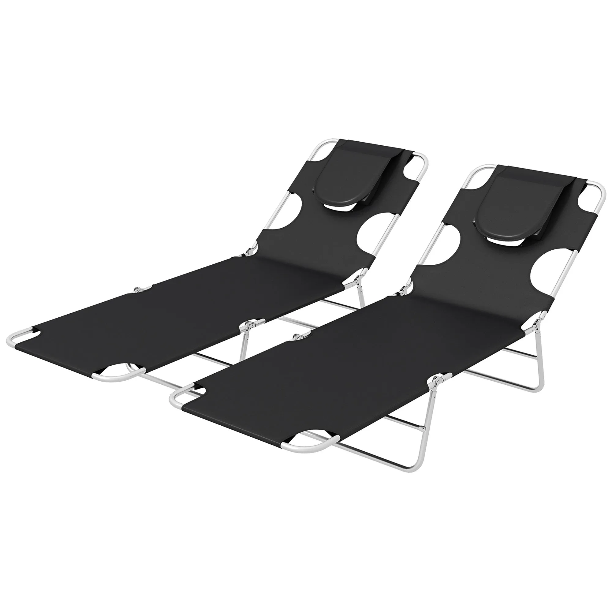 Foldable Sun Lounger Set of 2 Beach Chaise Lounges with Reading Hole Arm Slots 5-Position Adjustable Backrest Side Pocket Pillow for Patio Garden Beach Pool Black