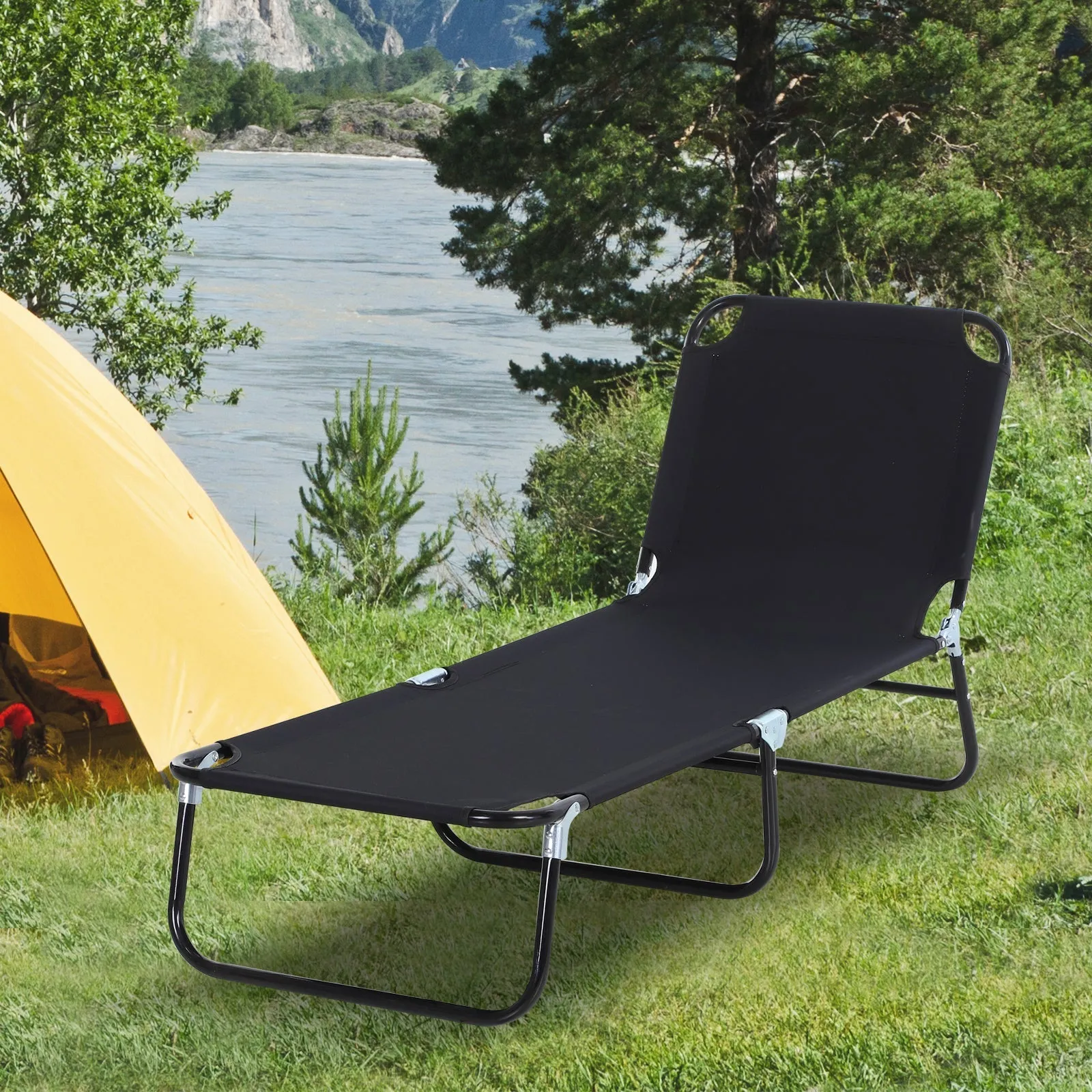 Foldable Sun Lounger with 5-Position Adjustable Backrest Outdoor Portable Recliner Chaise Lounge Chair with Breathable Mesh Fabric Black