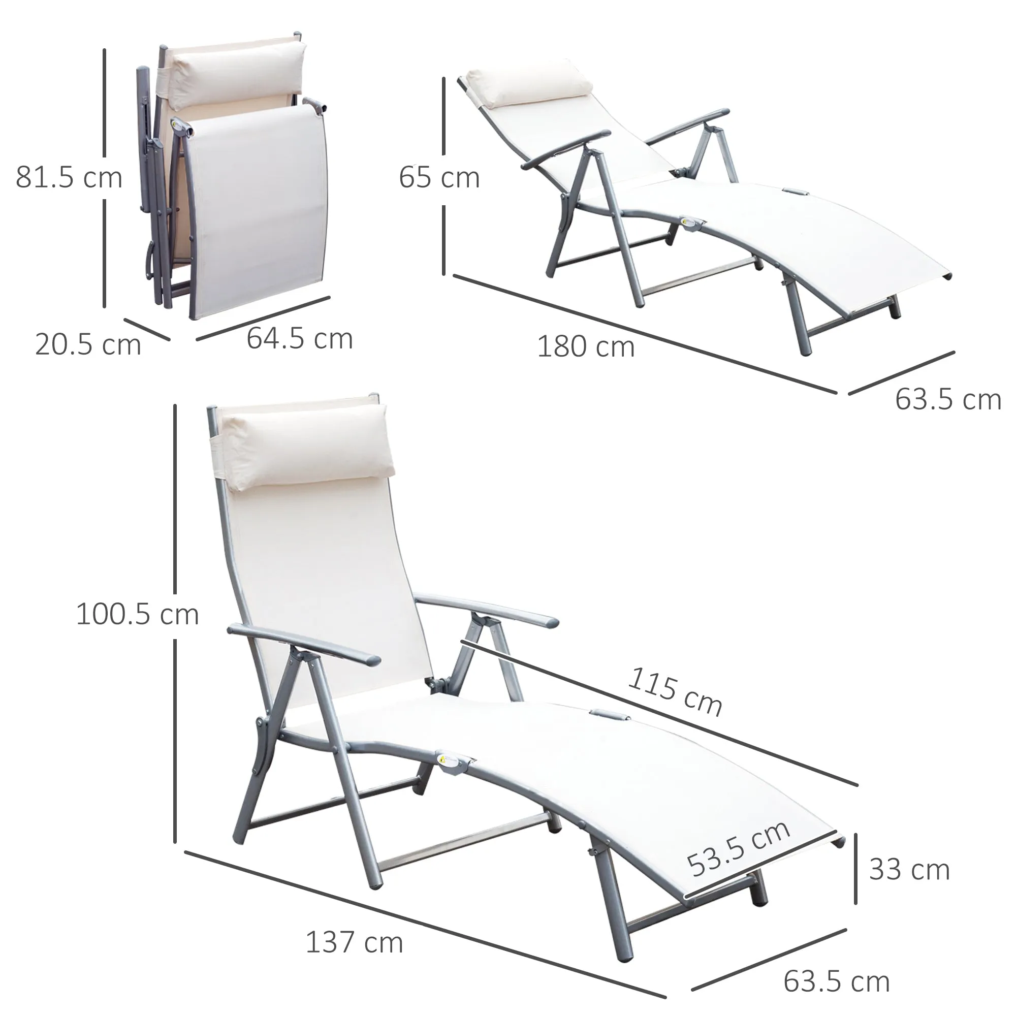 Garden Lounger Steel Frame Outdoor Folding Chaise Recliner with Headrest & 7 Levels Adjustable Backrest 81.5L x 20.5W x 64.5H Cream White