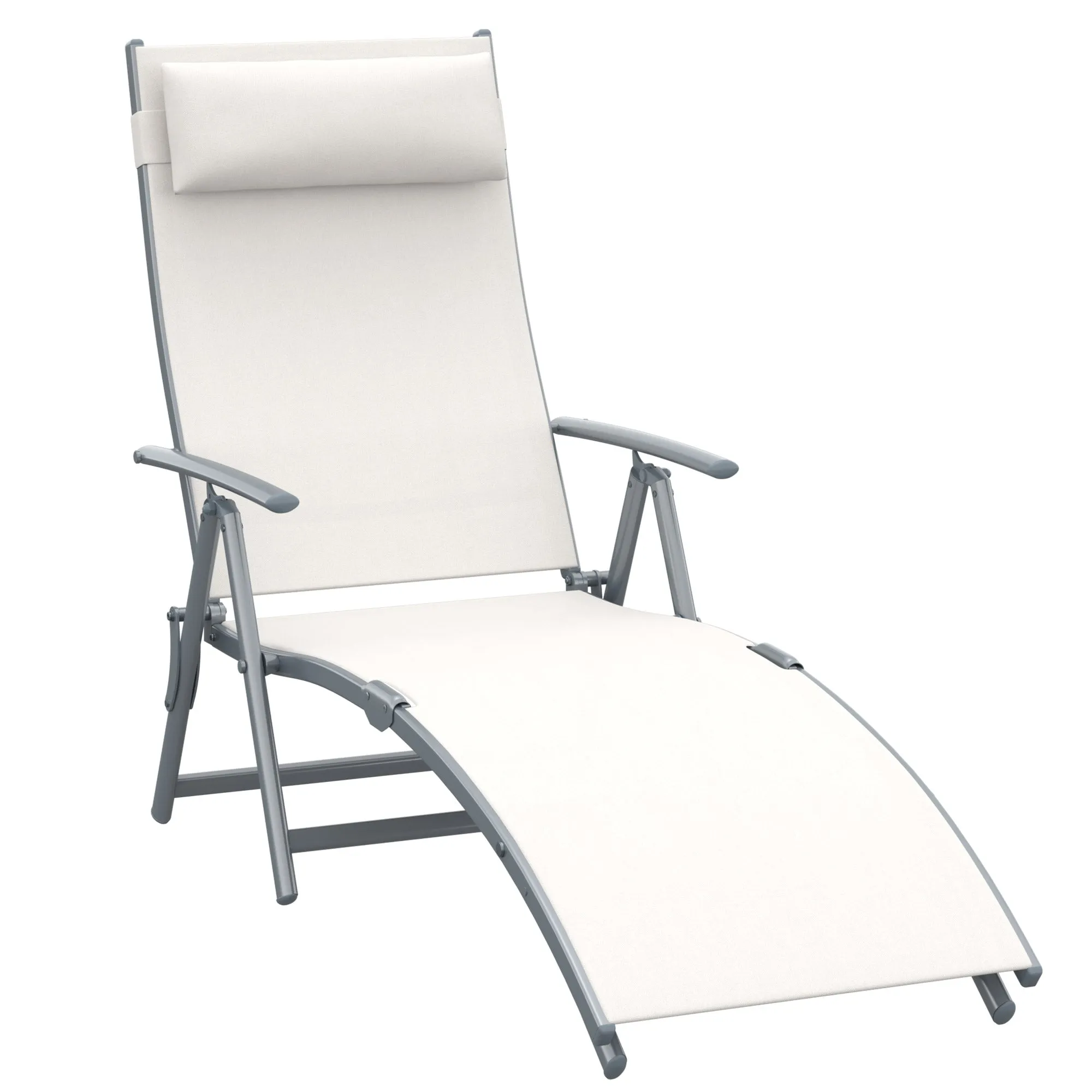 Garden Lounger Steel Frame Outdoor Folding Chaise Recliner with Headrest & 7 Levels Adjustable Backrest 81.5L x 20.5W x 64.5H Cream White