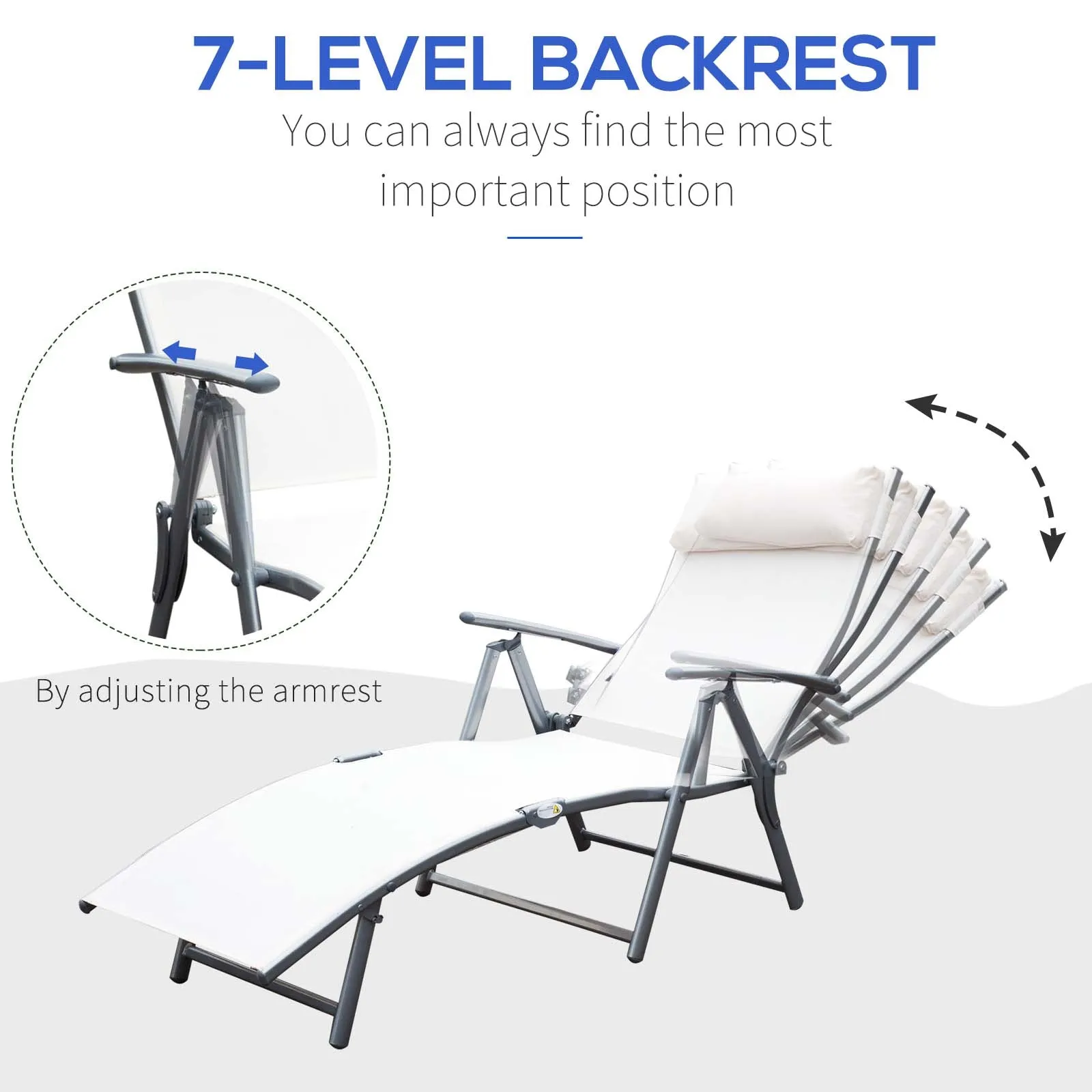Garden Lounger Steel Frame Outdoor Folding Chaise Recliner with Headrest & 7 Levels Adjustable Backrest 81.5L x 20.5W x 64.5H Cream White