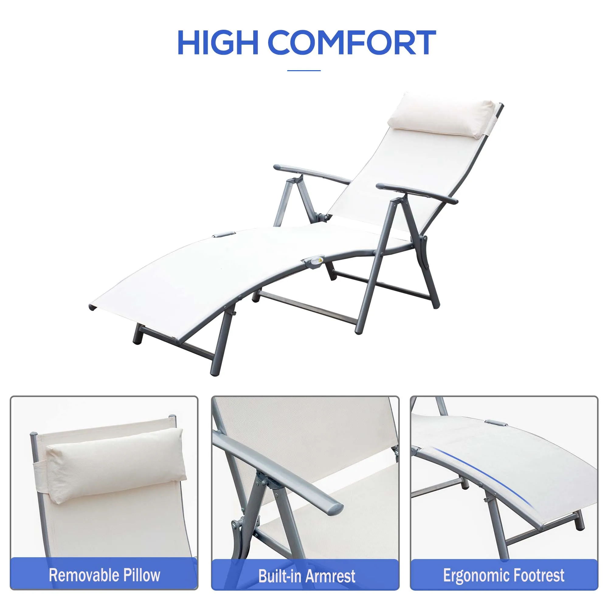 Garden Lounger Steel Frame Outdoor Folding Chaise Recliner with Headrest & 7 Levels Adjustable Backrest 81.5L x 20.5W x 64.5H Cream White
