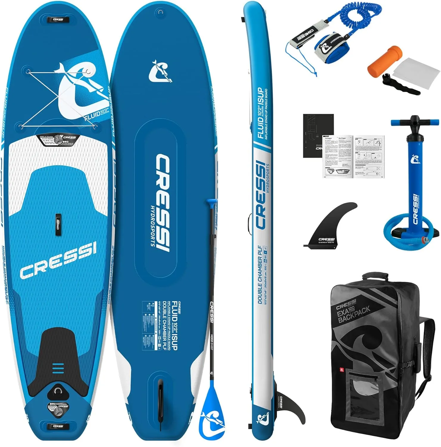 Inflatable Stand Up Paddle Board Set - Pump, Paddle, Backpack, Included - Double Chamber Construction - 10' 2" Fluid: Designed in Italy by Cressi