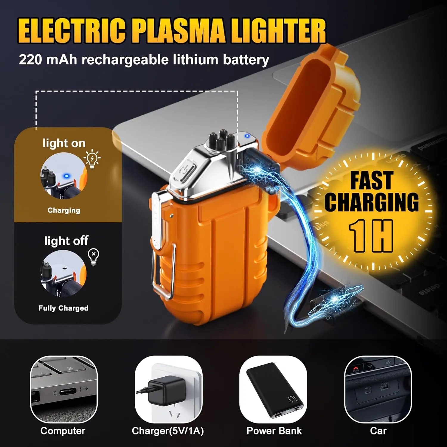 LcFun 3 Pack Waterproof Lighter Windproof Torch Lighters Butane Refillable, Electric Dual Arc Lighters USB Rechargeable Flameless Plasma Lighter Camping Hiking Survival Tactical Gear Gadgets for Men