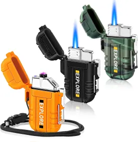 LcFun 3 Pack Waterproof Lighter Windproof Torch Lighters Butane Refillable, Electric Dual Arc Lighters USB Rechargeable Flameless Plasma Lighter Camping Hiking Survival Tactical Gear Gadgets for Men