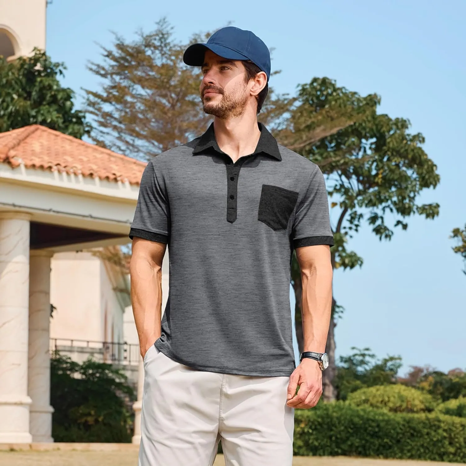 Lexiart Mens Polo Shirts Casual Short Sleeve with Pocket Golf Shirts Moisture Wicking Athletic Collared T-Shirt
