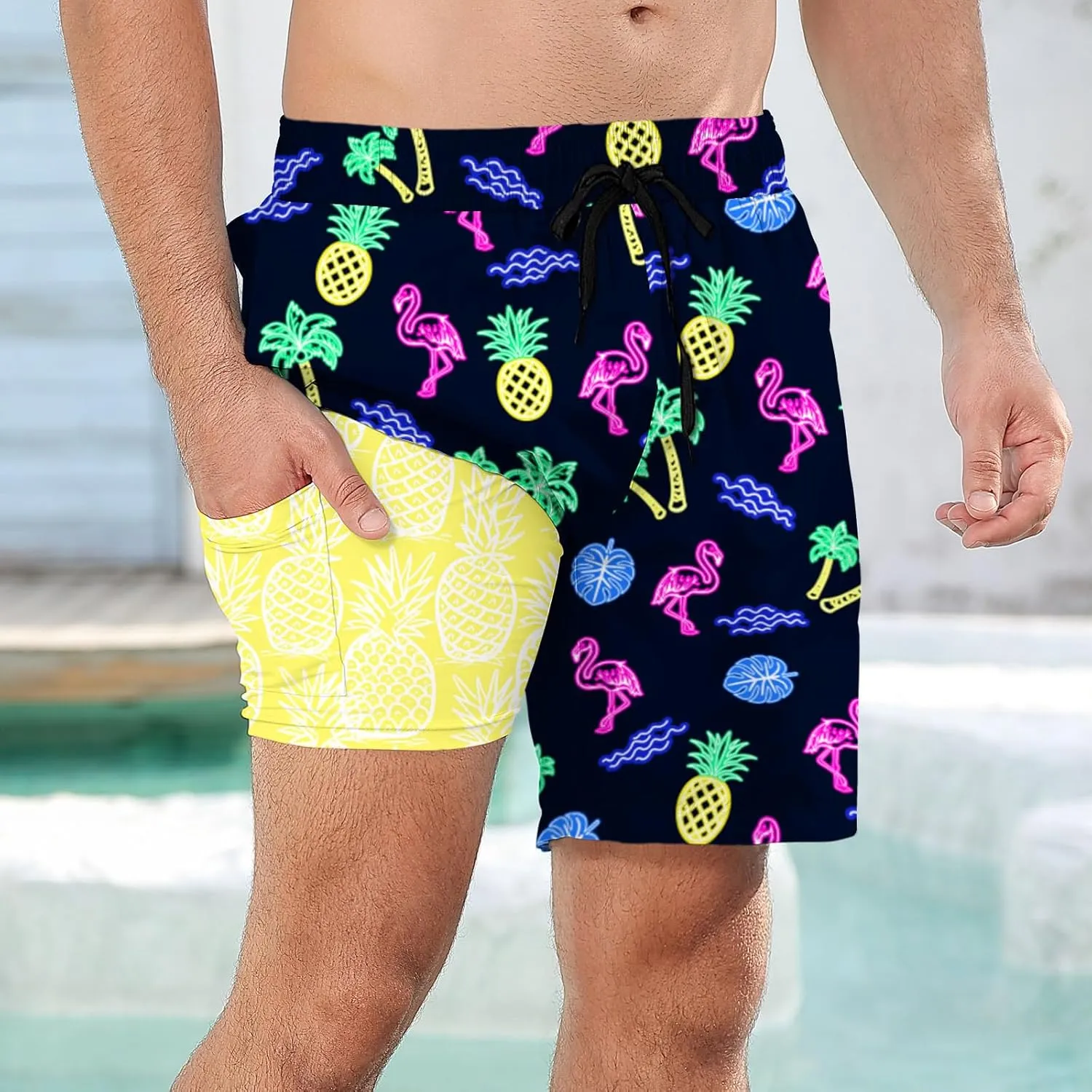 Mens Swim Trunks with Compression Liner 5.5" Inseam Quick Dry Swimsuit Shorts S-XXL