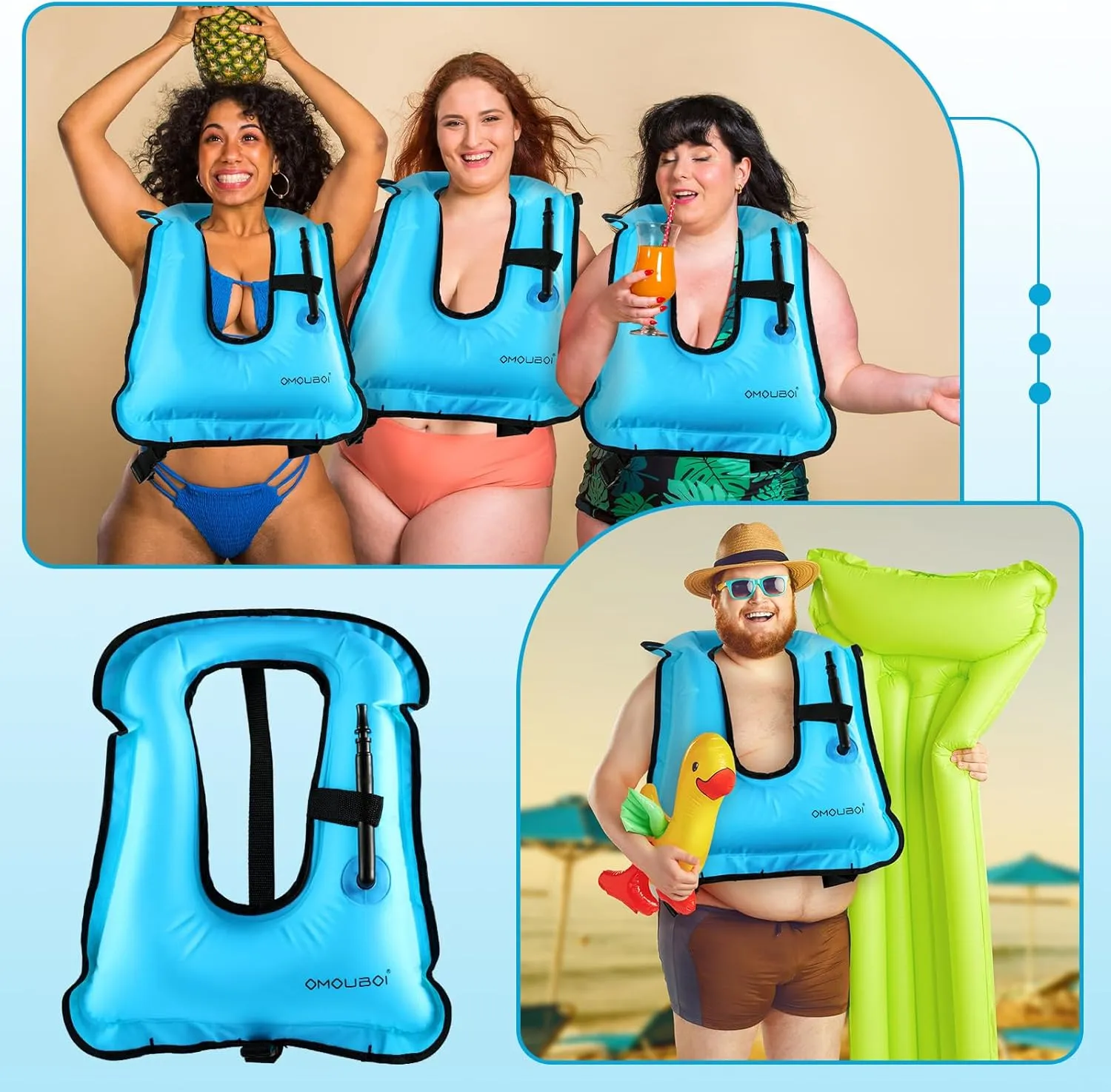 Meooeck 2 Pcs Large Inflatable Snorkel Vest Adults Safety Snorkel Diving Jackets, up to 260 Lbs Loading Portable Swim Jackets, Adjustable Kayaking Buoyancy Gears Safety Vest
