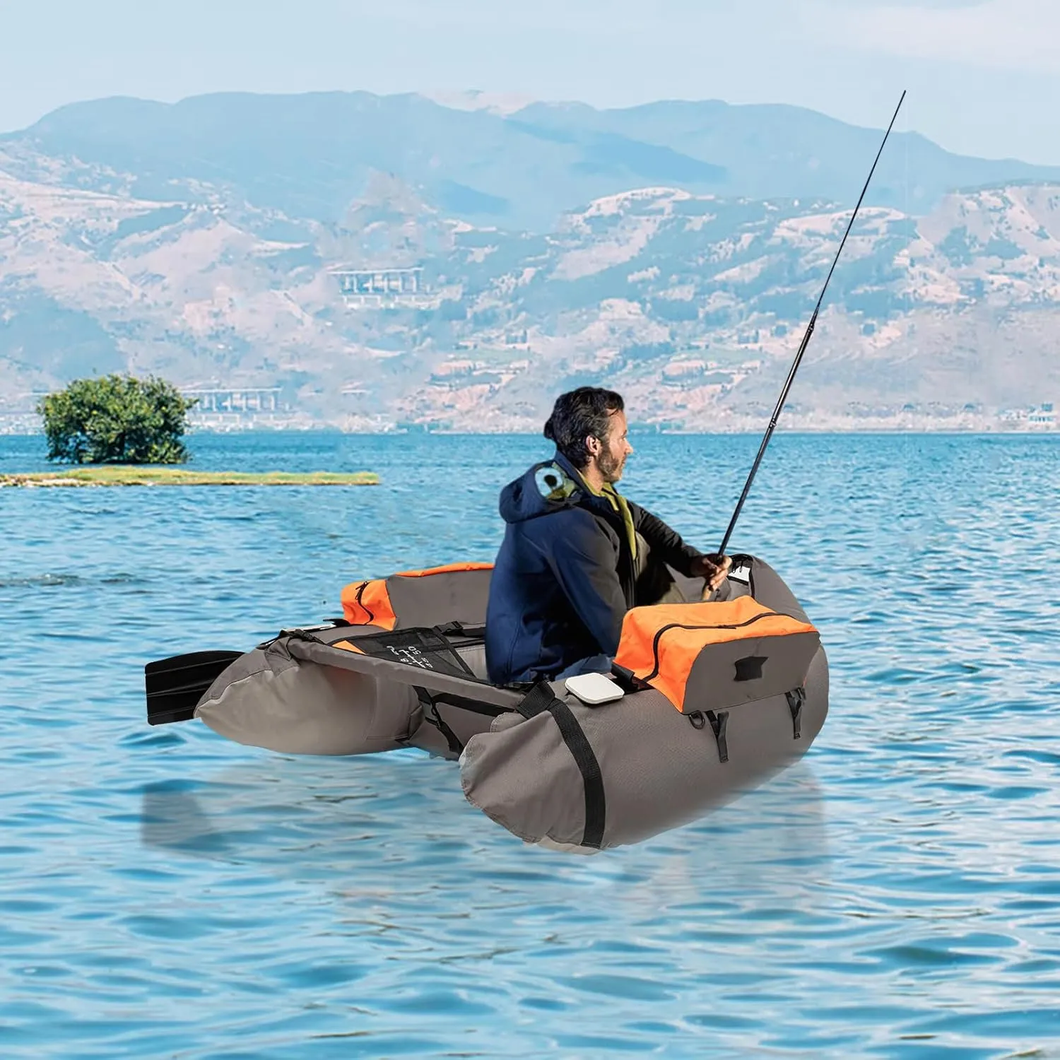 Outdoor Fishing Raft Boat Set with Paddle, Flippers 53.541.5in Outdoor Fishing Boat with 20in Fish Ruler, Pump,Storage Pockets,Adjustable Straps,286.6LBS Load Bearing Capacity