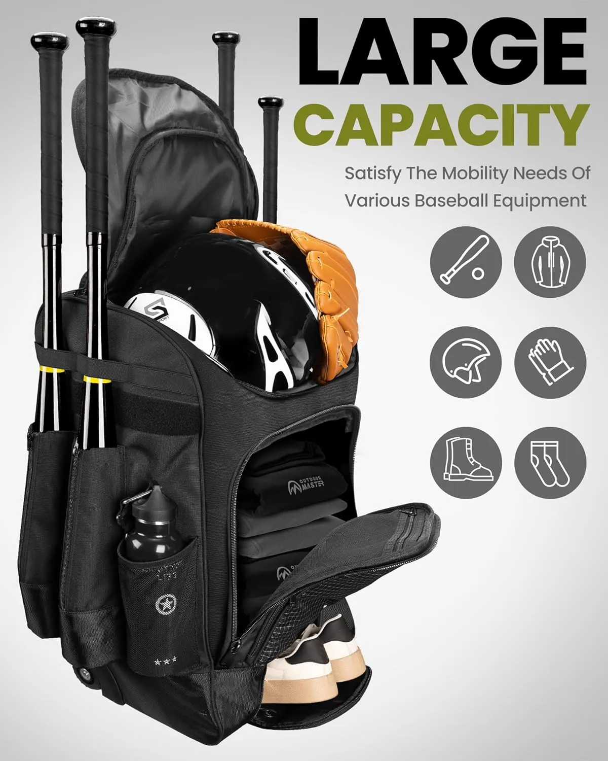 OutdoorMaster Rolling Baseball Bag Wheeled Baseball Bat Backpack with 4 Bat Pockets