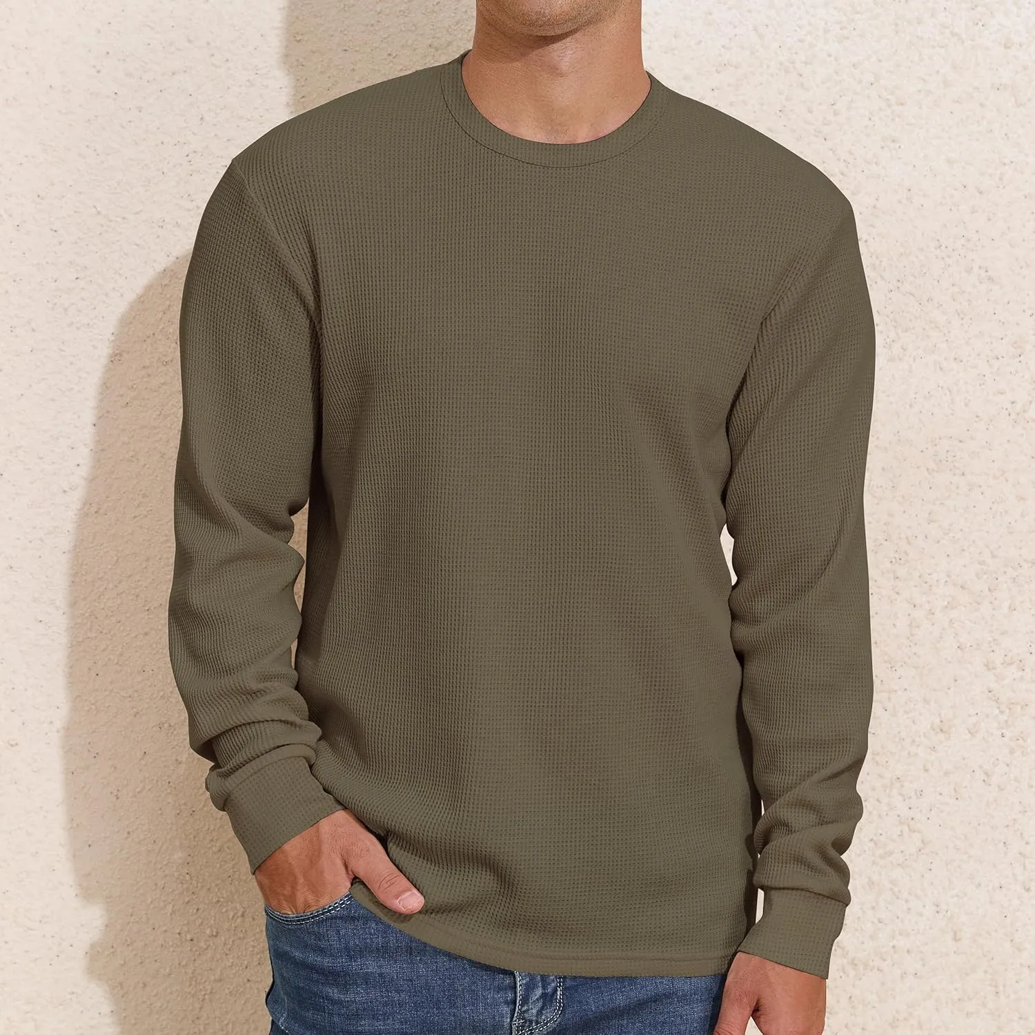 PrettyGuide Men's Long Sleeve Waffle Shirts Casual Lightweight Crewneck Thermal Undershirts Pullover Tops