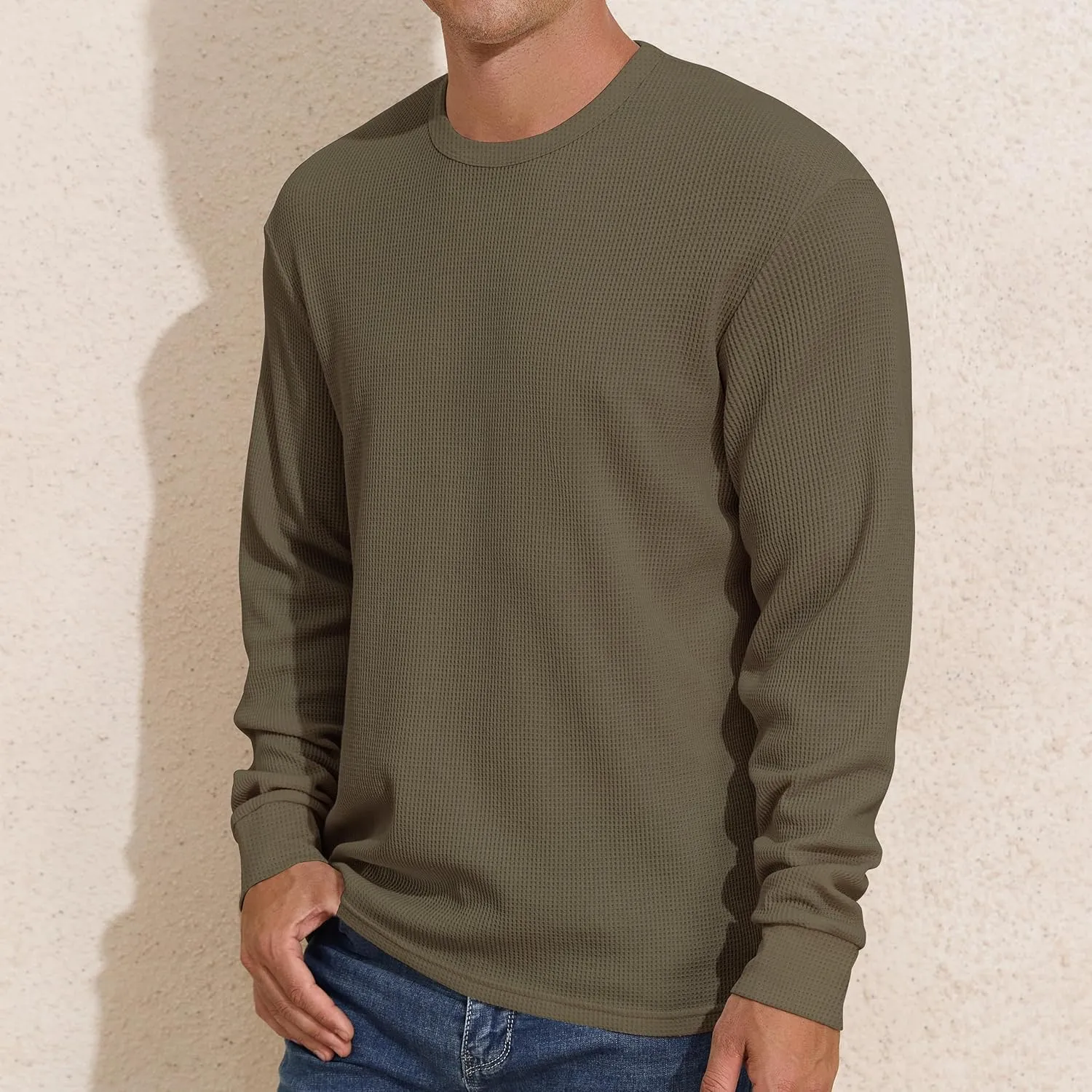 PrettyGuide Men's Long Sleeve Waffle Shirts Casual Lightweight Crewneck Thermal Undershirts Pullover Tops