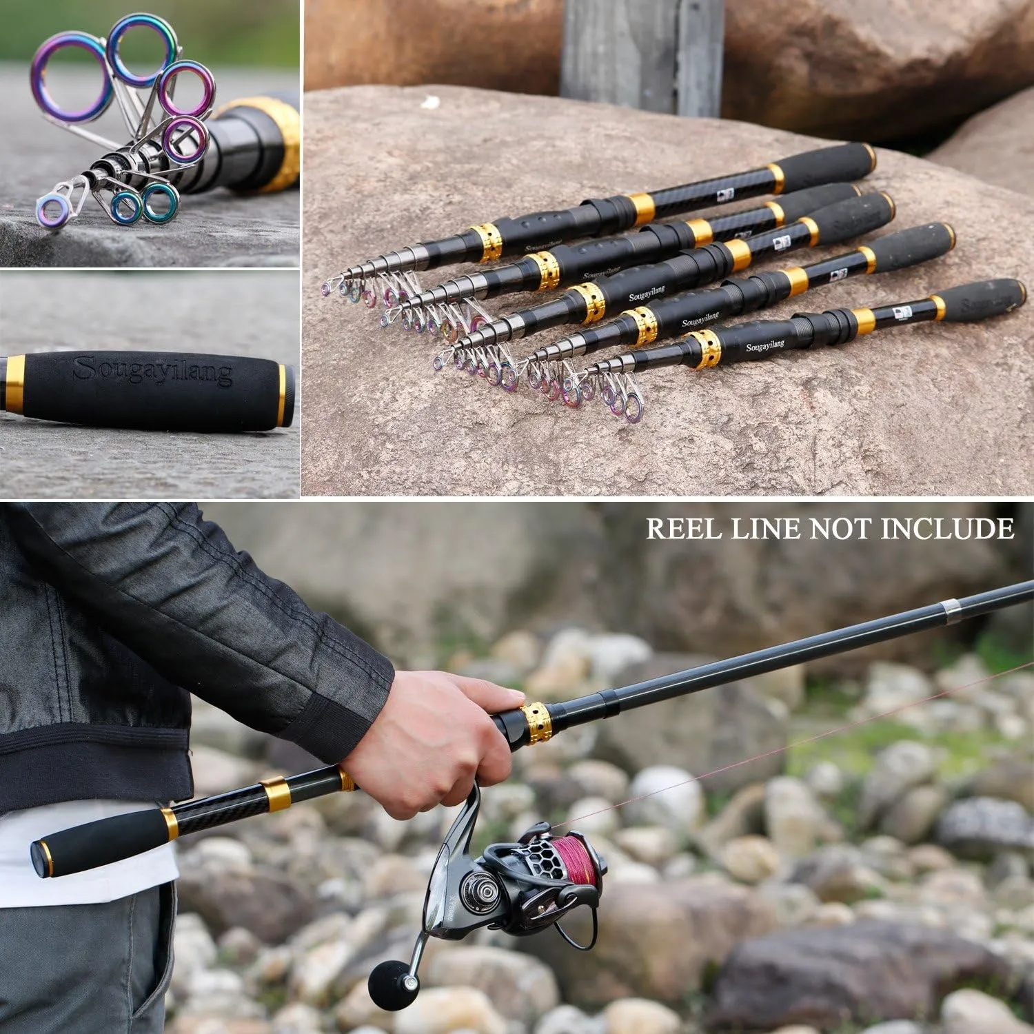 Sougayilang Telescopic Fishing Rod - 24 Ton Carbon Fiber Ultralight Fishing Pole with CNC Reel Seat, Portable Retractable Handle, Stainless Steel Guides for Bass Salmon Trout Fishing