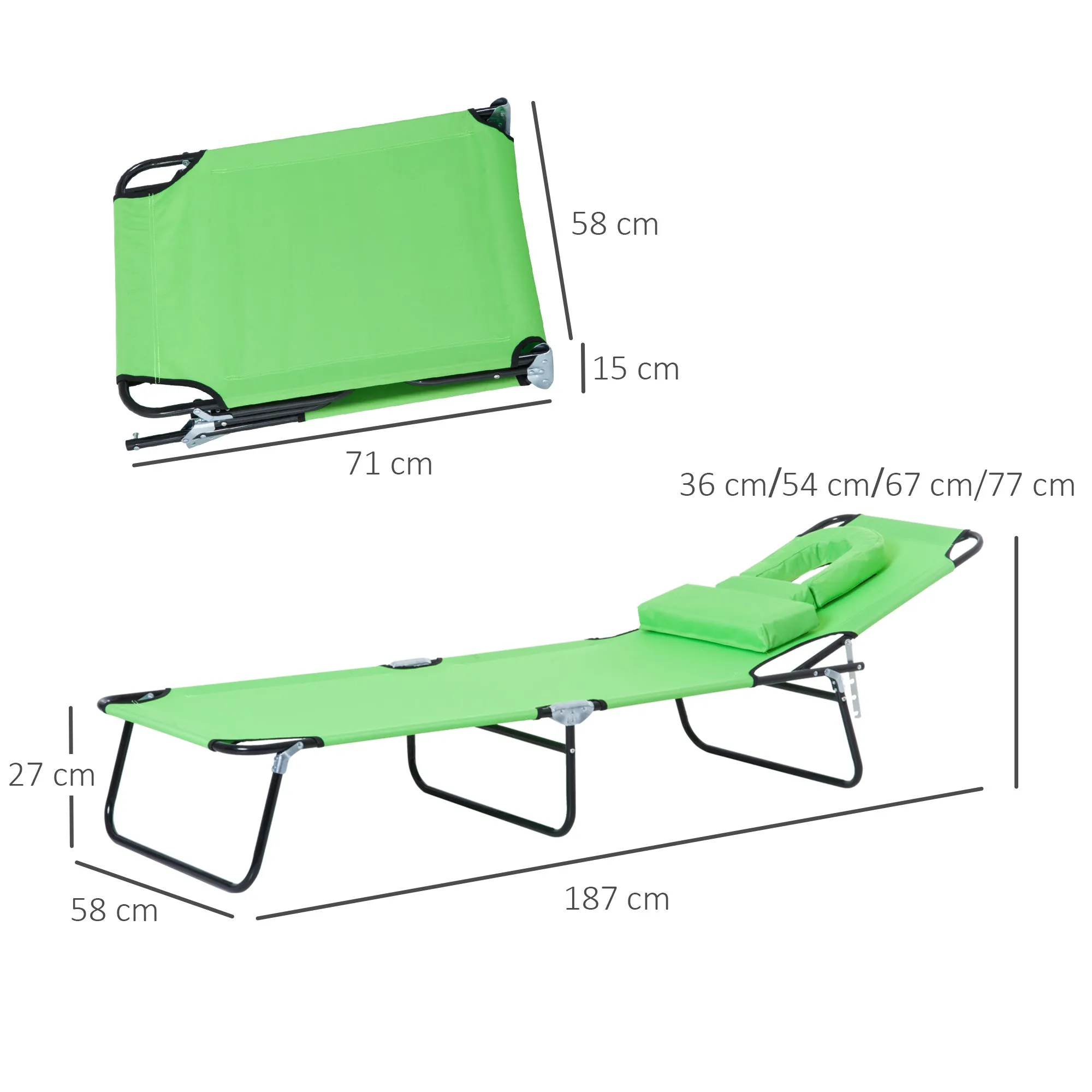 Sun Lounger Foldable Reclining Chair with Pillow and Reading Hole Garden Beach Outdoor Recliner Adjustable Green