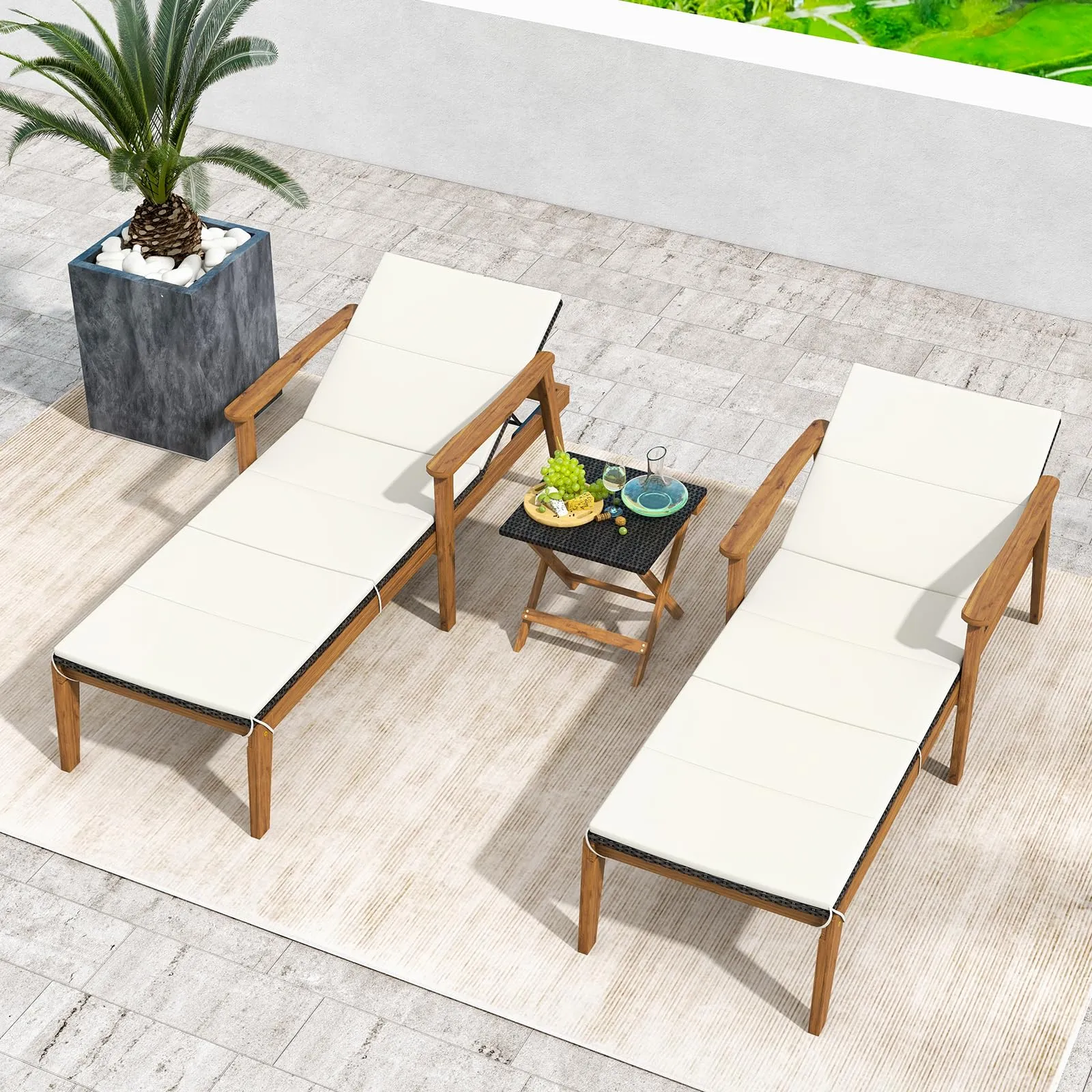 Tangkula 3 Piece Outdoor Chaise Lounge Chair Set, 2 Rattan Cushioned Patio Chaise w/Folding Coffee Table
