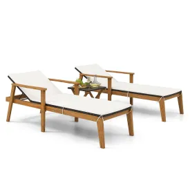 Tangkula 3 Piece Outdoor Chaise Lounge Chair Set, 2 Rattan Cushioned Patio Chaise w/Folding Coffee Table
