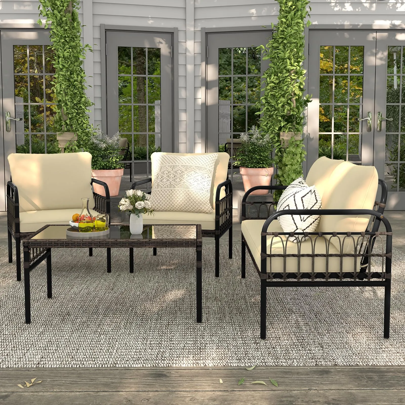 Tangkula 4 Pieces Patio Furniture Set, Outdoor Wicker Conversation Bistro Set
