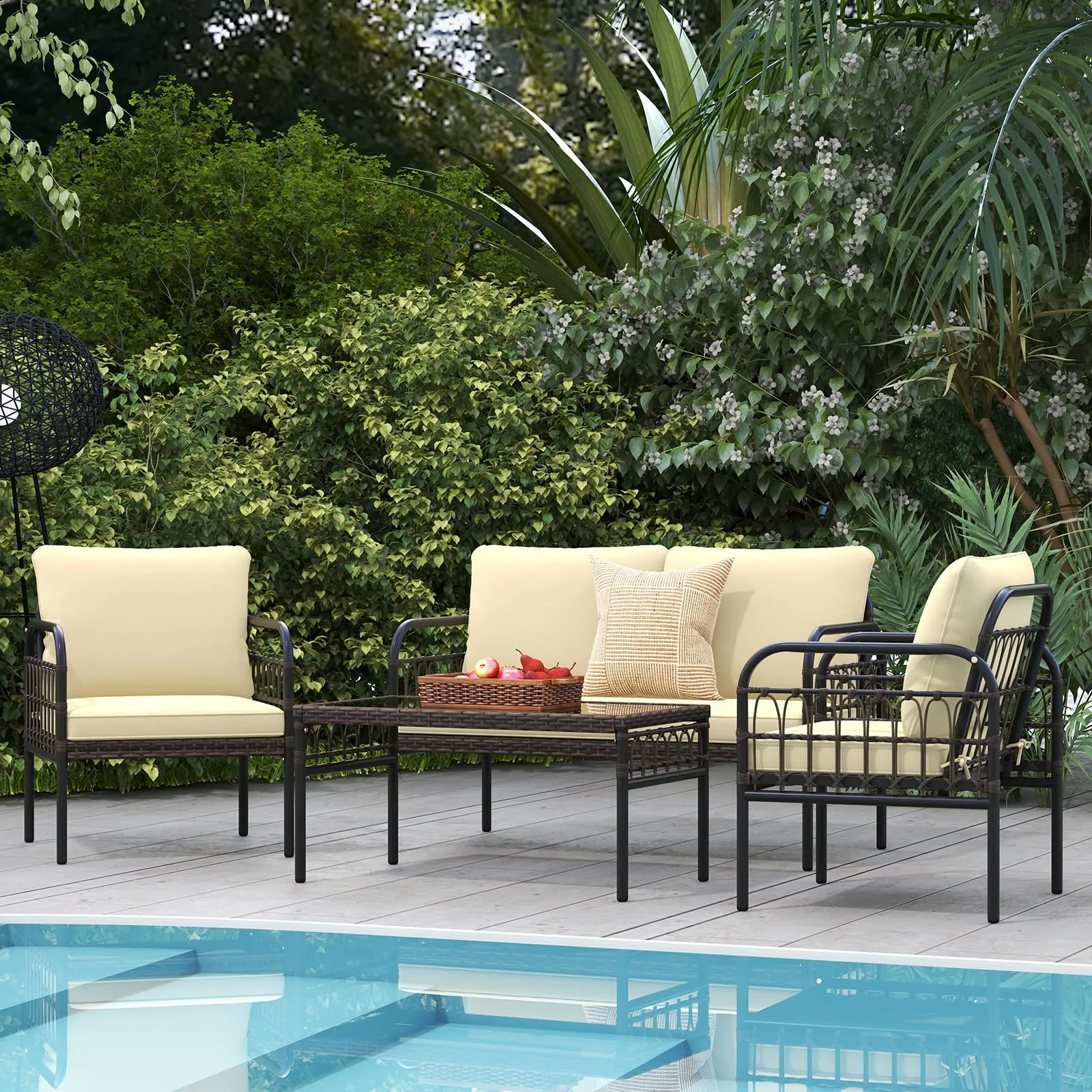 Tangkula 4 Pieces Patio Furniture Set, Outdoor Wicker Conversation Bistro Set