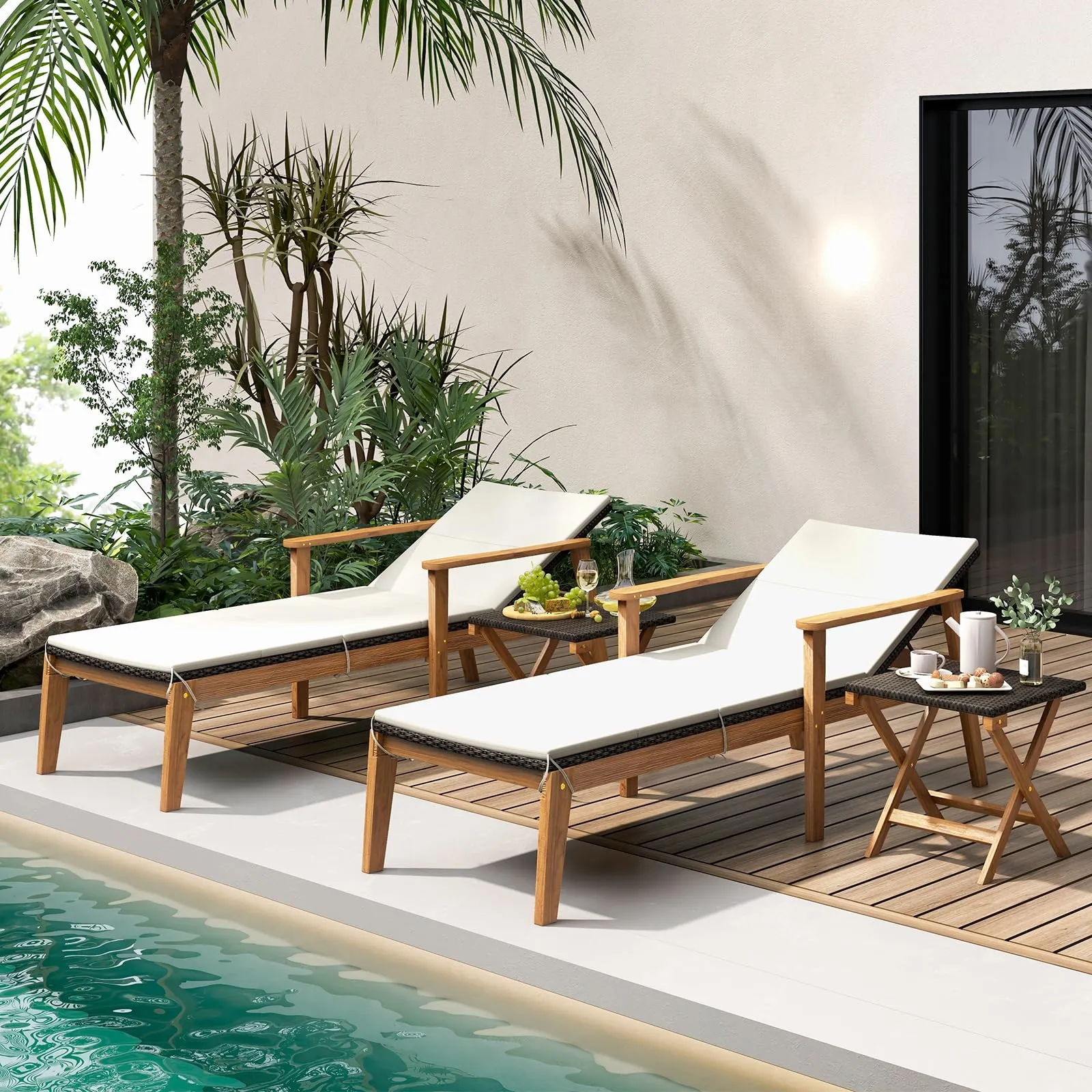 Tangkula Outdoor Chaise Lounge Chair Set, Rattan Patio Chaise with Armrests & 4-Level Backrest
